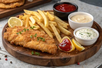 Enjoying a Crispy Fish and Chips Platter With Lemon and Sauces