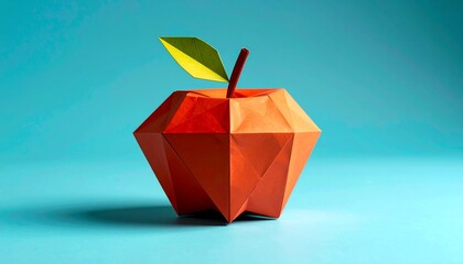 Vibrant Origami Apple with Geometric Facets on a Teal Background.