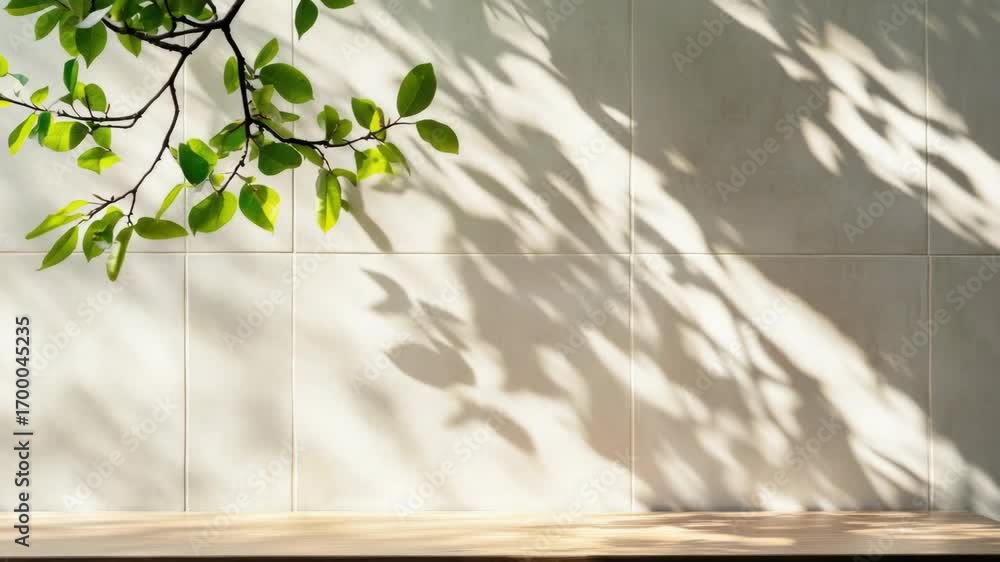 Poster shadows from tree branches on a tiled wall.