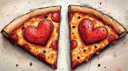 Two pieces of pepperoni pizza with hearts. Pepperoni pizza, mozzarella. Italian pizza. Romantic date in a restaurant. Valentine's Day. Love card template.
