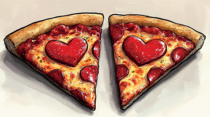 Two pieces of pepperoni pizza with hearts. Pepperoni pizza, mozzarella. Italian pizza. Romantic date in a restaurant. Valentine's Day. Love card template.