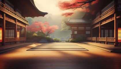 traditional japanese style dojo or karate school featuring a hazy atmosphere in the air 3d