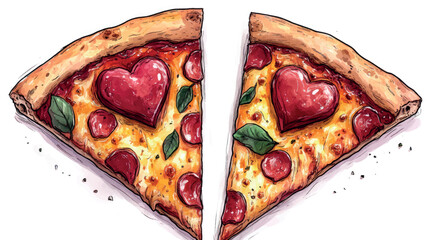 Two pieces of pepperoni pizza with hearts. Pepperoni pizza, mozzarella. Italian pizza. Romantic date in a restaurant. Valentine's Day. Love card template.