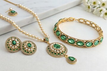 Elegant Green Gemstone Jewelry Set Displayed on a Marble Surface