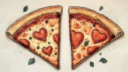 Two pieces of pepperoni pizza with hearts. Pepperoni pizza, mozzarella. Italian pizza. Romantic date in a restaurant. Valentine's Day. Love card template.
