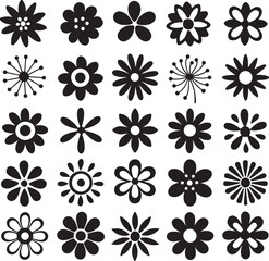 Floral Flourish: A captivating collection of stylized flower icons in striking black and white, creating a visual symphony of design elements, ideal for adding a touch of elegance and simplicity.