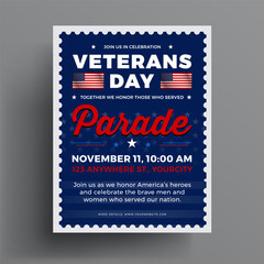 U.S. Veterans Day Parade invitation flyer template with text. Perfect also for Veterans Day social media post, vertical banner, print poster, postmark