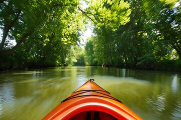 Fototapeta premium Peaceful kayaking adventure along tranquil river surrounded by lush green forest. Sunlight reflects on calm water as paddles glide, offering relaxation, outdoor exploration, serene scenery, and enjoym