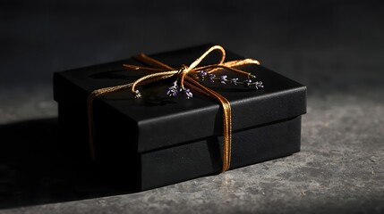 The Gift of Mystery: A beautifully wrapped black gift box, adorned with a delicate golden ribbon and sprigs of lavender, sits elegantly on a textured surface.
