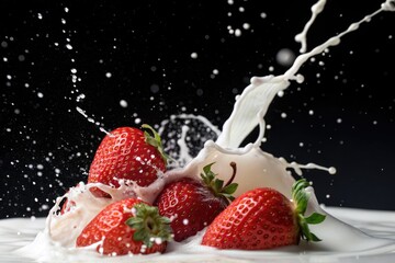 Fresh Strawberries Splashed With Creamy Milk on a Dark Background