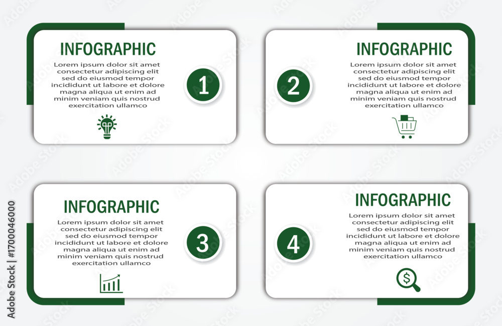 Poster business process visualization with timeline with white diagram | 4 steps infographic modern green c