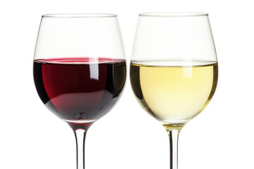 Wine Glasses: A close-up shot of two elegant wine glasses, one filled with rich red wine and the other with crisp white wine, representing a perfect pairing. 