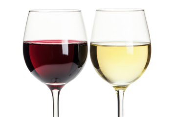 Wine Glasses: A close-up shot of two elegant wine glasses, one filled with rich red wine and the other with crisp white wine, representing a perfect pairing. 