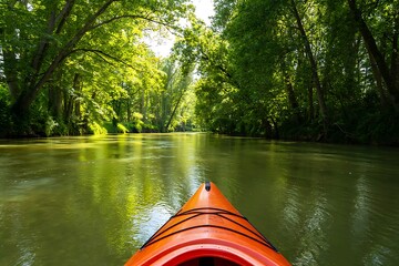 Peaceful kayaking adventure along tranquil river surrounded by lush green forest. Sunlight reflects on calm water as paddles glide, offering relaxation, outdoor exploration, serene scenery, and enjoym