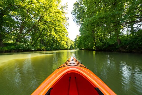 Peaceful kayaking adventure along tranquil river surrounded by lush green forest. Sunlight reflects on calm water as paddles glide, offering relaxation, outdoor exploration, serene scenery, and enjoym