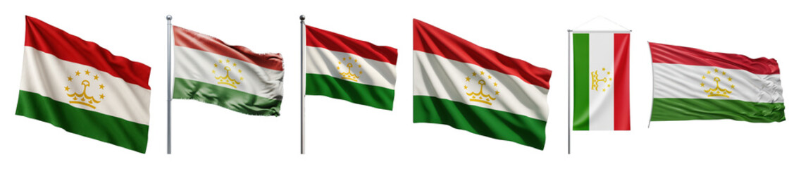 Naklejka premium Tajikistan flag set including waving, pole, and vertical banner styles isolated. National symbol for design and representation.