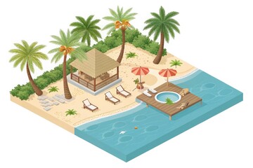 Obraz premium Tropical Beach Scene Featuring Cabana and Relaxation Area With Water