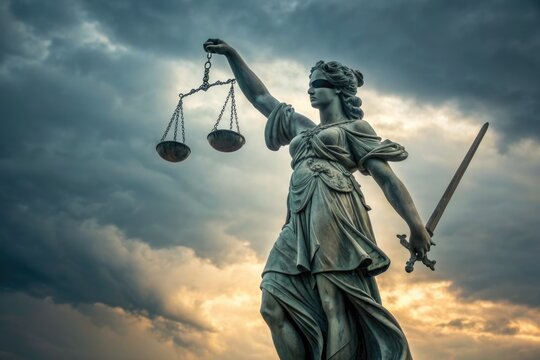 Statue of Lady Justice With Scales and Sword Against a Dramatic Sky