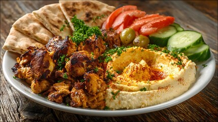Delicious chicken shawarma platter with hummus pita bread and fresh vegetables perfect for lunch dinner