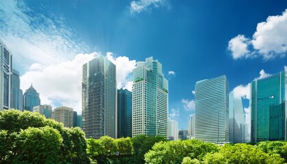 Obraz premium vibrant cityscape featuring modern skyscrapers under bright blue sky with fluffy clouds showcasing urban life and greenery