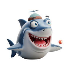 Cartoon shark with hat and lollipop on a black background, whimsy illustration