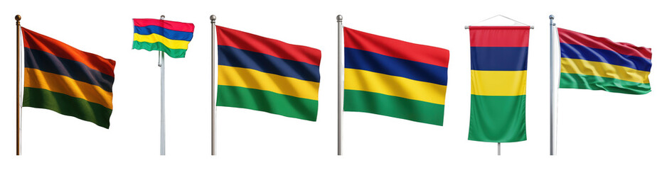 Obraz premium Mauritius flag set including various waving and static styles on poles plus a vertical banner isolated. National symbol and country representation.