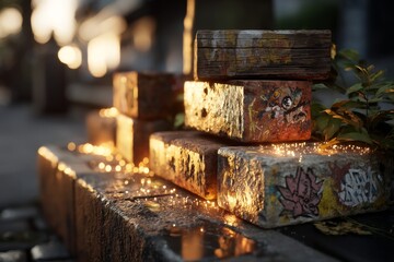warm golden light shines on colorful bricks in an urban alley, highlighting graffiti and small plants during sunset Generative AI