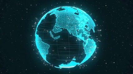 The world map dissolves luminous 3D interconnected points lines, company’s reach. Nodes light up progressively continents expansion real-time. Lines data streams traveling countries - Powered by Adobe
