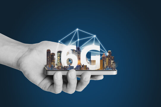 6G new internet network technology, Hand holding mobile smart phone using new technology 6G internet 