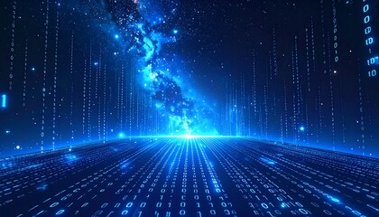 A digital pathway stretches into the cosmos, illuminated by glowing binary code and celestial light, evoking a sense of infinite possibilities and technological advancement.