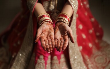 Elegant bride showcasing exquisite henna designs and jewelry, ready for her vibrant, traditional wedding day
