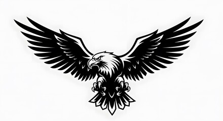 Black and White Eagle Illustration with Bold Wings Spreading in Dynamic Pose for Logo Design
