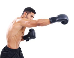 Muscular boxer throwing a punch on transparent background