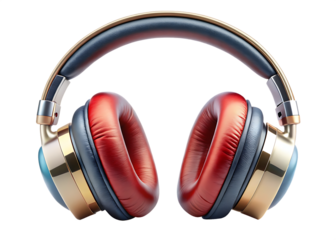 Plush red and gold over ear audio devices isolated on a transparent background headphones sound
