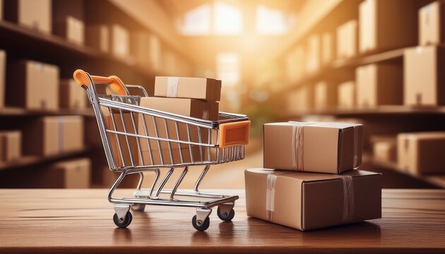 shopping cart filled with cardboard boxes sits on wooden surface symbolizing online shopping and delivery services