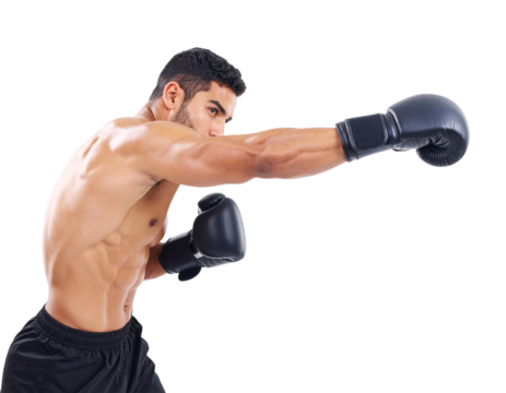 Muscular boxer throwing a punch on transparent background - Powered by Adobe