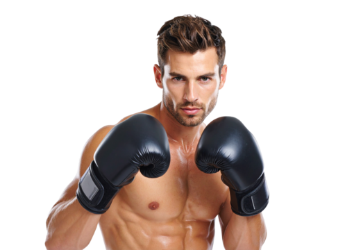 Muscular boxer wearing black boxing gloves on transparent background