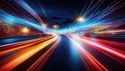 Handdoek met foto Snelweg bij nacht a stunning image of car motion trails speed light streaks background with blurred fast moving light effect racing cars dynamic flash effects city road with long exposure night  © RHONDA
