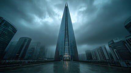 Obraz premium Enchanting cityscape at night featuring a futuristic tower under a cloudy moody sky