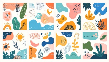 A collection of vibrant and playful abstract designs featuring organic shapes, foliage, and celestial elements.
