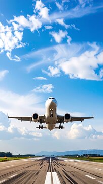 Airplane taking off from runway, clear sky
