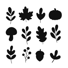 Autumn silhouette icon set featuring pumpkins, acorns, berries, mushrooms and leaves. Vector collection ideal for fall crafts, invitations, seasonal banners and gardening projects.