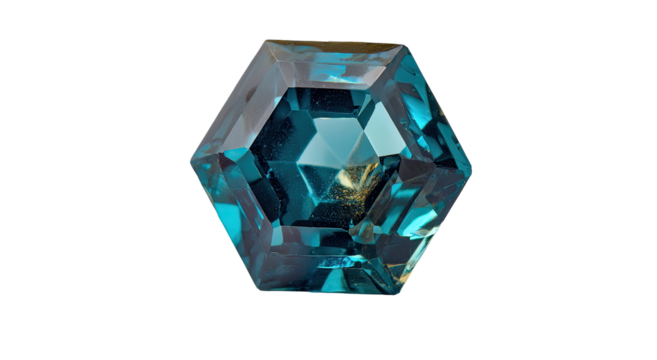 Close-up of a hexagonal, teal-colored gemstone.  Sharp facets reflect light