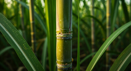 Obraz premium Close-up of Vibrant Green Sugarcane Stalk in Field, Agriculture