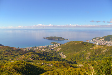 View of Budva and the island of St. Nicholas bay in Montenegro