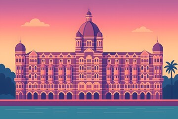 Illustration of the Taj Mahal Palace Hotel in Mumbai, one of India’s most iconic architectural landmarks, shown at golden hour with a soft pastel sky.
