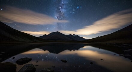 Starry night over a still lake with mountains and clouds