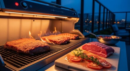 Steaks cooking on a grill with fresh ingredients nearby