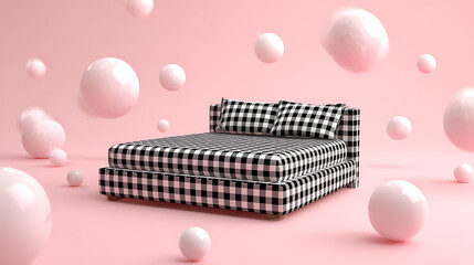 3d bed with a black and white checkered pattern