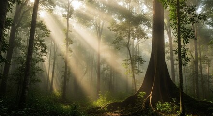 Sunbeams pierce a misty rainforest illuminating lush undergrowth and large trees